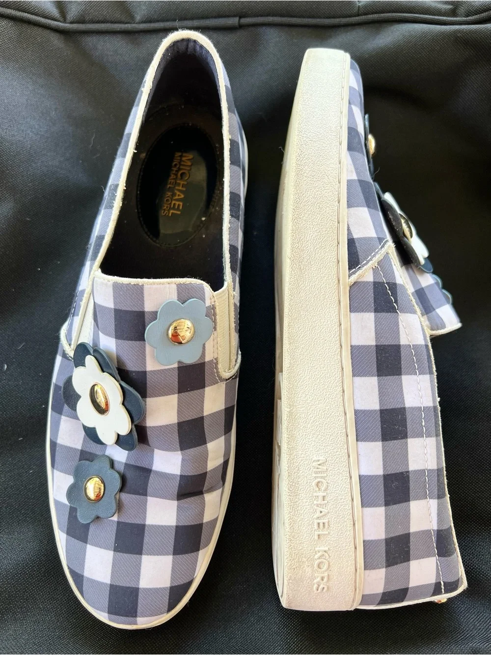 Michael Kors Navy and White Gingham Slip-On Sneakers with Flower Appliqués